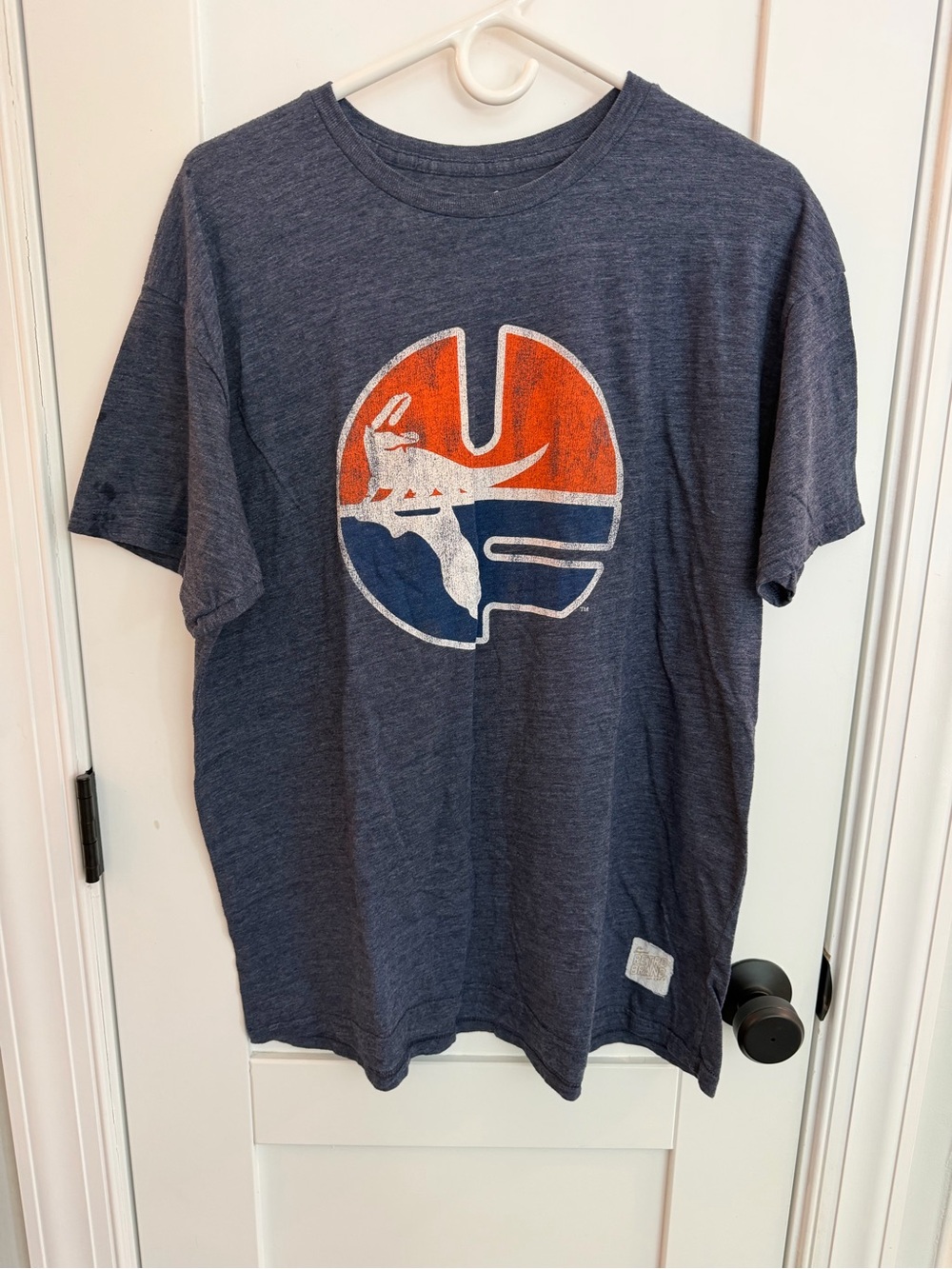 Original Retro Brand Navy Short-Sleeve Graphic Tee with Orange & Blue Logo FLAW